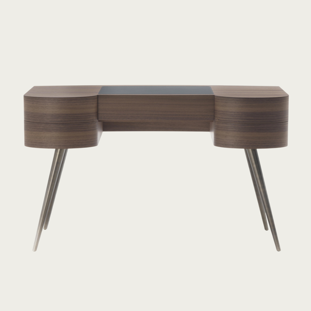 Console Micol Porada en noyer Canaletta avec base métallique et insert cuir.